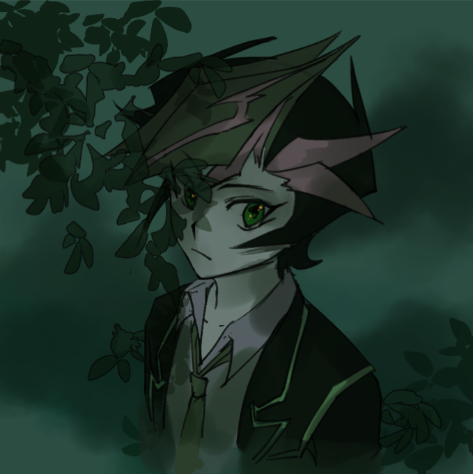 1boy arms_at_sides black_hair black_jacket colored_bangs dress_shirt facing_to_the_side fujiki_yusaku gradient_background green_background green_eyes grey_shirt jacket leaf looking_to_the_side loose_necktie male_focus muted_color necktie novale110 open_clothes open_jacket school_uniform shirt spiked_hair upper_body white_trim yu-gi-oh! yu-gi-oh!_vrains