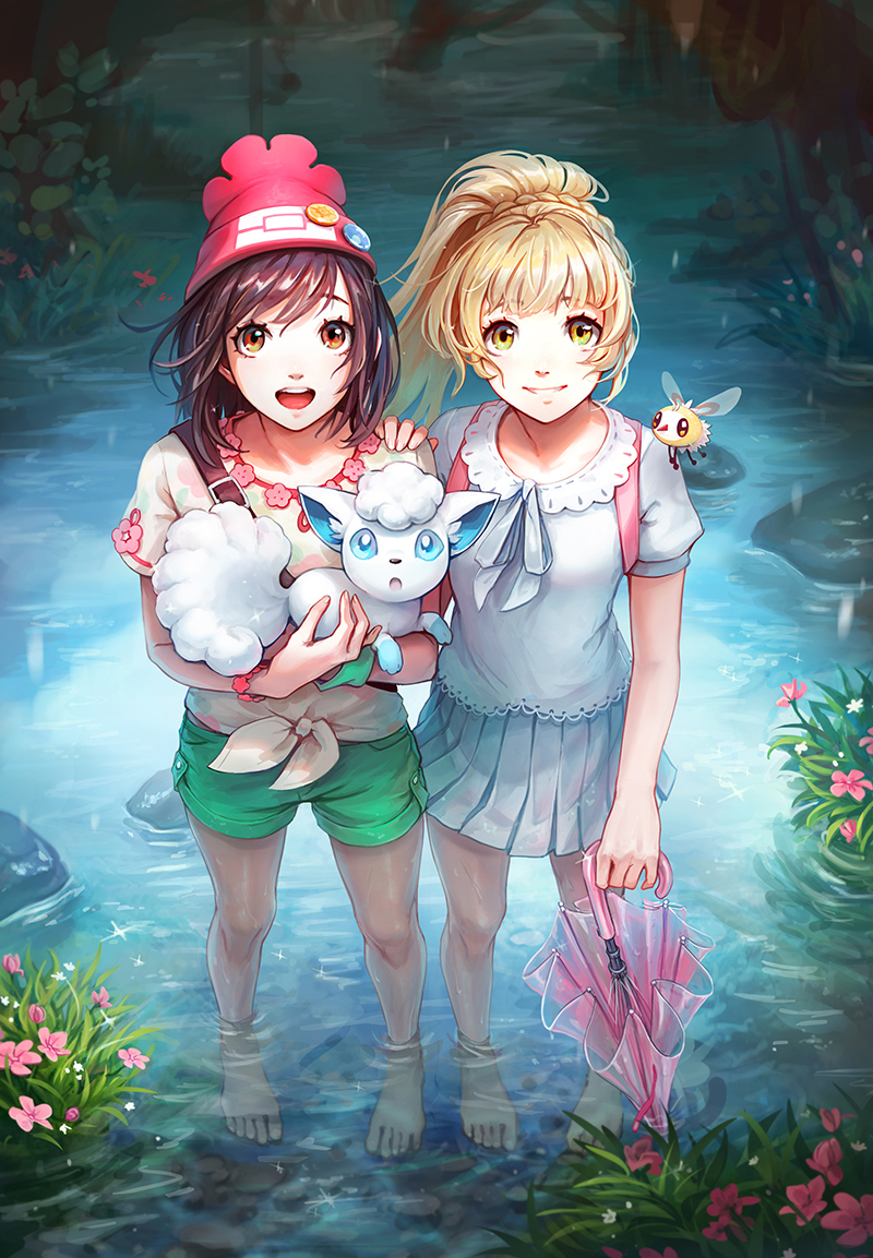 2girls alolan_form alolan_vulpix bad_id bad_pixiv_id barefoot black_hair blonde_hair blouse brown_eyes closed_umbrella commentary cutiefly flower full_body gen_7_pokemon green_eyes green_shorts grin hat in_water kazuko_(towa) lillie_(pokemon) medium_hair miniskirt multiple_girls neck_ribbon nintendo open_mouth pink_umbrella pleated_skirt pokemon pokemon_(creature) pokemon_sm pond ponytail red_headwear ribbon selene_(pokemon) shirt short_hair short_shorts short_sleeves shorts skirt smile standing tied_shirt umbrella wading water wetland white_ribbon white_shirt white_skirt yellow_shirt