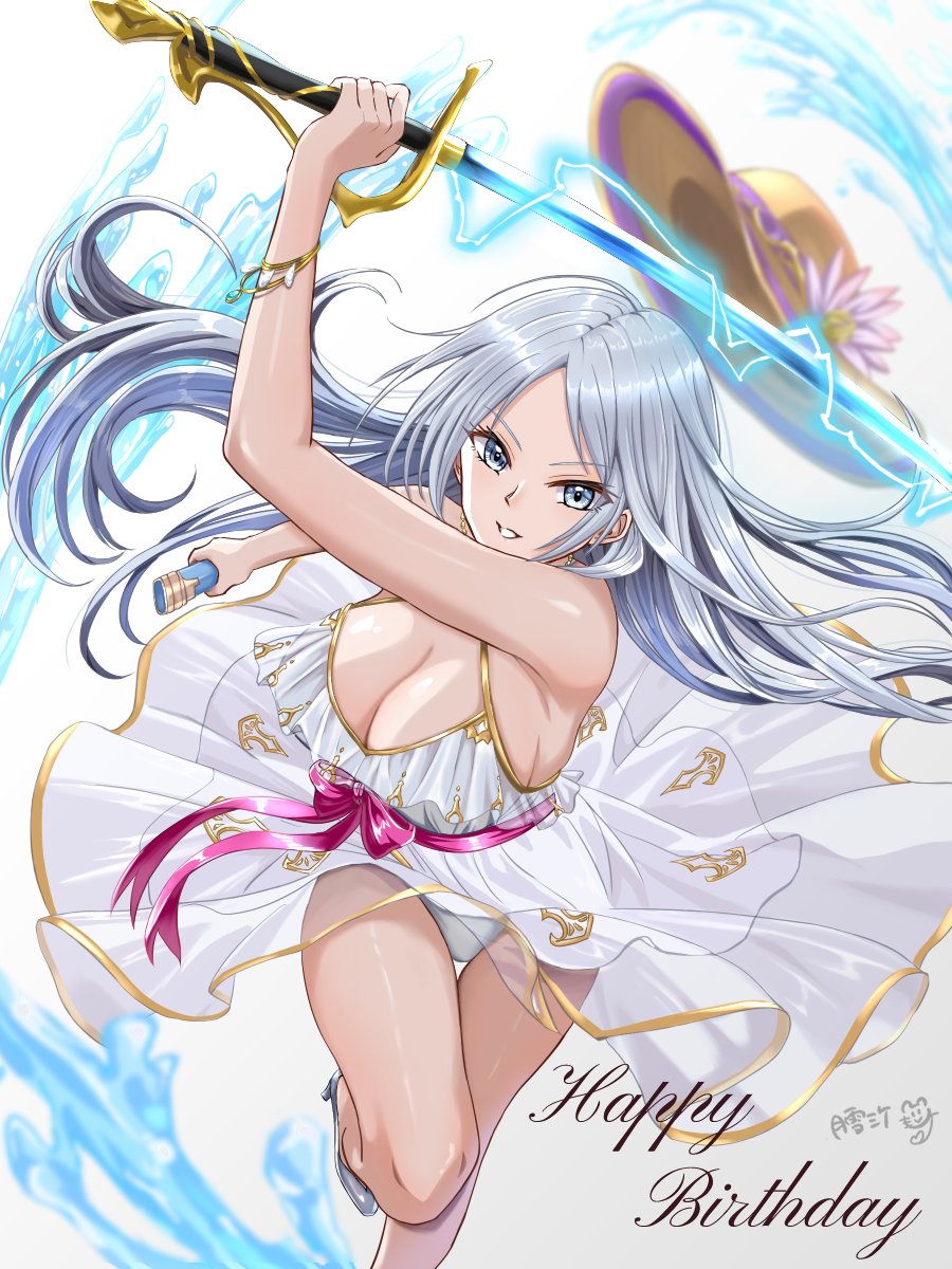 arm_up bare_shoulders bracelet breasts brown_hat character_request cleavage dress electricity flower grey_hair happy_birthday hat hat_flower high_heels highres holding holding_sword holding_weapon jewelry langrisser langrisser_mobile large_breasts long_hair looking_at_viewer panties parted_lips pink_flower running sheath signature simple_background sleeveless sleeveless_dress sword thigh_gap tsukiyuki_mike underwear unsheathed unworn_hat unworn_headwear upskirt v-shaped_eyebrows very_long_hair weapon white_background white_dress white_panties