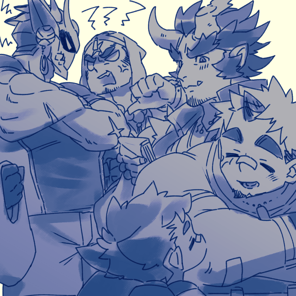 5boys ^_^ akiha_gongen_(housamo) alternate_facial_hair anger_vein arguing bag bandaid bandaid_on_face bandaid_on_nose bara blue_theme broken_horn closed_eyes cross_scar crossed_arms demon_boy demon_horns extra_arms facial_hair facial_scar fiery_horns fighting from_below furrowed_brow goatee goatee_stubble happy horns houzouin_oniwaka huge_eyebrows large_pectorals long_sideburns mask mature_male mid_(mid_skb) multiple_boys muscular muscular_male pectorals plastic_bag pointing pointing_at_self protagonist_1_(housamo) scar scar_on_cheek scar_on_face scar_on_forehead shiva_(housamo) sideburns single_horn smile stubble takemaru_(housamo) thick_eyebrows tokyo_houkago_summoners v-shaped_eyes