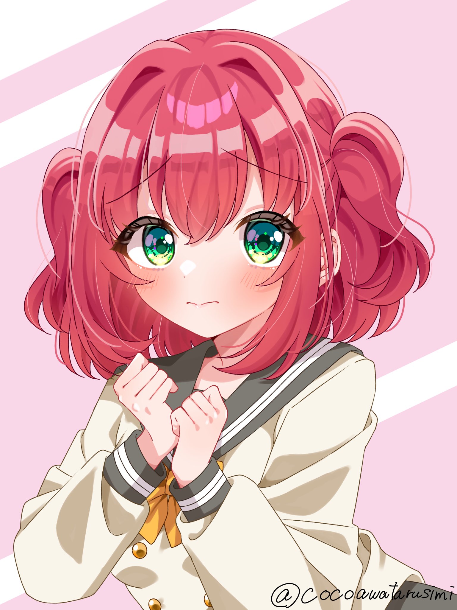 1girl 3: bow bowtie buttons clenched_hands closed_mouth commentary_request double-breasted fukune_koko green_eyes grey_sailor_collar grey_skirt hair_intakes highres kurosawa_ruby long_sleeves looking_at_viewer love_live! love_live!_sunshine!! medium_hair nervous own_hands_together pink_background raised_inner_eyebrows red_hair sailor_collar school_uniform shirt sidelocks simple_background skirt solo split_mouth twitter_username two_side_up upper_body uranohoshi_school_uniform white_shirt winter_uniform yellow_bow yellow_bowtie