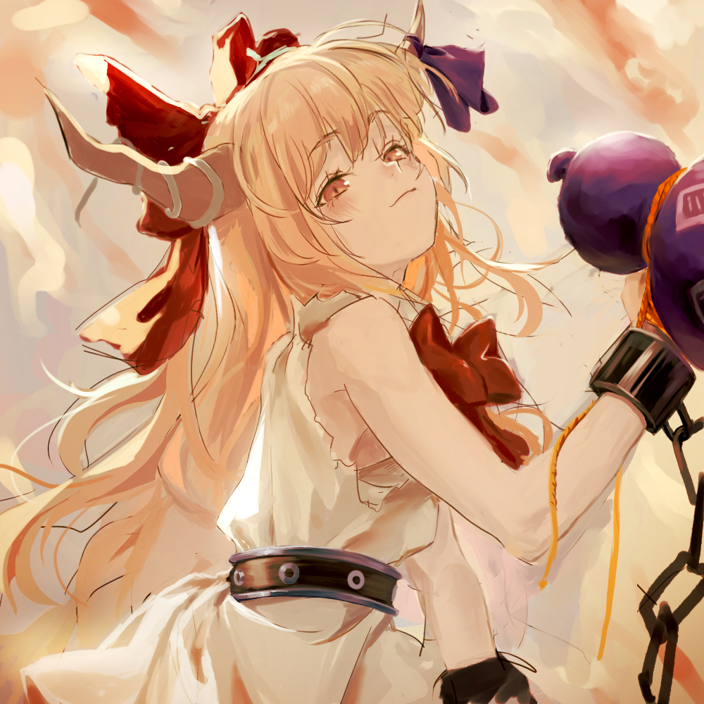 1girl bare_arms belt black_belt blonde_hair blush bow bowtie breasts brown_eyes chain closed_mouth commentary cuffs gourd hair_bow hand_up hayaten holding holding_gourd horn_ornament horn_ribbon horns ibuki_suika long_hair looking_at_viewer red_bow red_bowtie ribbon shackles shirt sideboob sleeveless sleeveless_shirt solo torn_clothes torn_sleeves touhou upper_body very_long_hair white_shirt