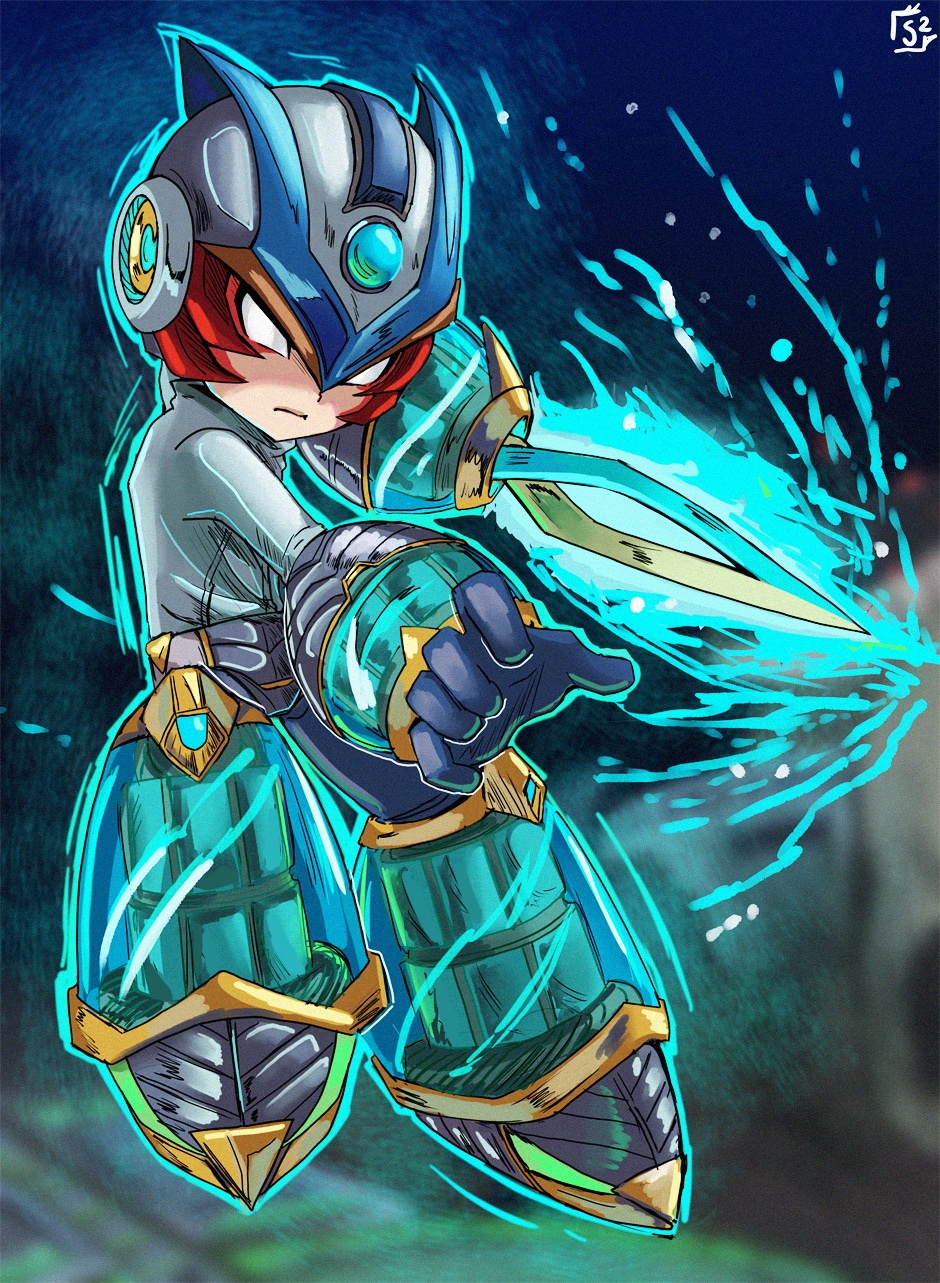 1boy alternate_color alternate_costume alternate_eye_color alternate_footwear alternate_form alternate_headwear alternate_legwear alternate_weapon android arm_blade armor armored_boots aura blue_gemstone boots capcom commentary corruption crescent crescent_print crossover dark_persona double_helix english_commentary fierce_deity floating forehead_jewel formal_clothes frown gem gloves glowing hal_laboratory helmet highres looking_to_the_side male_focus mega_man_(character) mega_man_(series) nintendo no_pupils possessed possession reaching see-through_clothes see-through_legwear serious stoic_seraphim suit super_smash_bros. the_legend_of_zelda the_legend_of_zelda:_majora&#039;s_mask triangle triangle_print weapon white_eyes white_suit