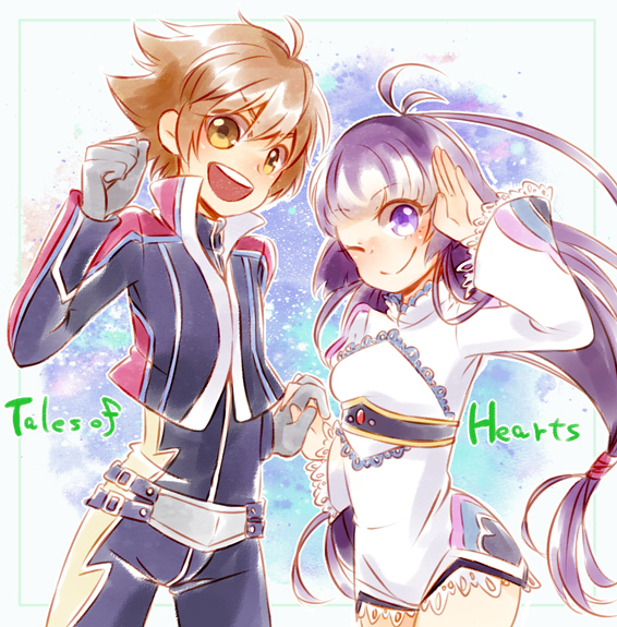 1boy 1girl ahoge belt bodysuit breasts brown_eyes brown_hair copyright_name frills gloves jacket kohaku_hearts long_hair one_eye_closed open_mouth pants purple_eyes purple_hair kor_meteor short_hair smile tales_of_(series) tales_of_hearts twintails wide_sleeves wink