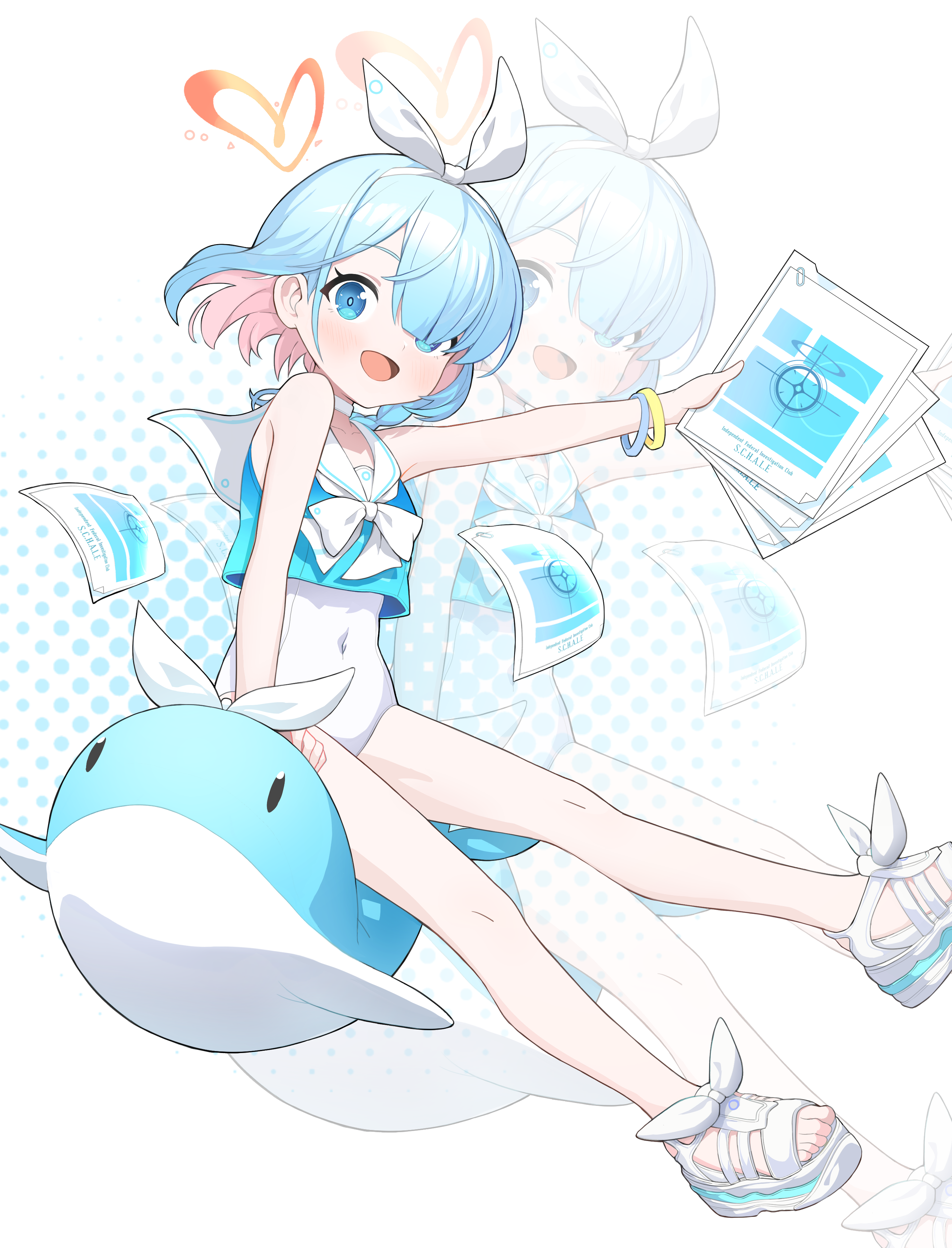 1girl :d absurdres arona_(blue_archive) arsene_(57109611) bare_shoulders blue_archive blue_eyes blue_hair blue_pupils blush bow bow_hairband bowtie braid choker colored_inner_hair commentary_request covered_navel dotted_background folder full_body hair_over_one_eye hairband halo heart heart_halo highres holding holding_folder looking_at_viewer multicolored_hair multiple_wristbands one-piece_swimsuit open_mouth pink_hair red_halo ribbon ribbon_shoes sailor_collar sailor_one-piece_swimsuit sandals shoes short_hair single_braid sitting smile solo stuffed_animal stuffed_toy stuffed_whale swimsuit white_background white_bow white_bowtie white_choker white_footwear white_hairband white_ribbon white_sailor_collar zoom_layer