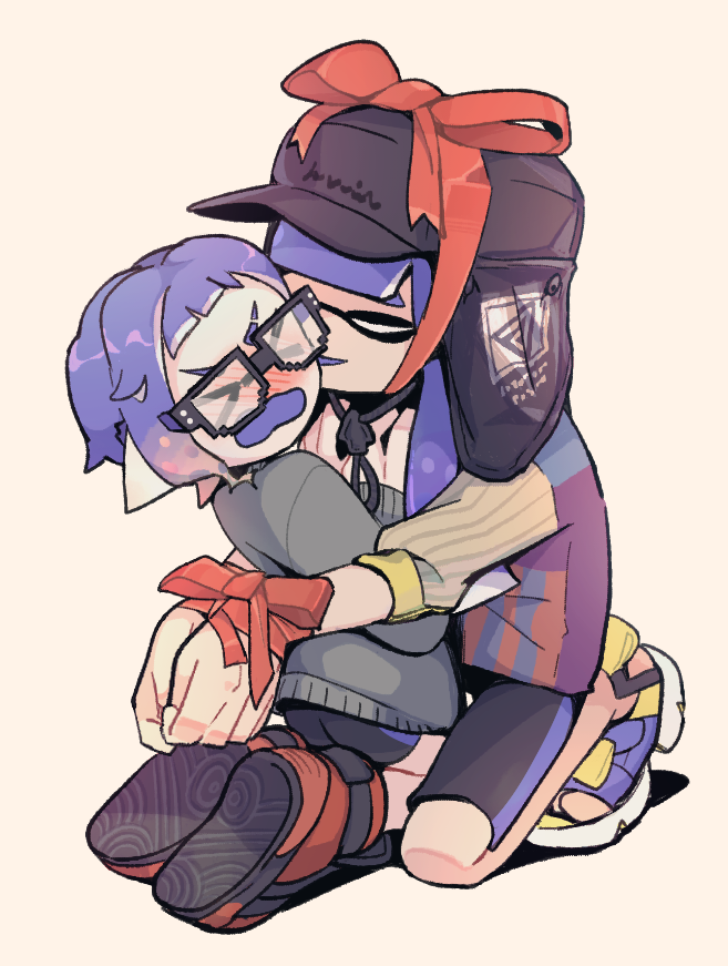 2girls blush bound bound_wrists bow closed_eyes colored_tongue glasses hands_on_another&#039;s_chest hug inkling inkling_(language) inkling_girl inkling_player_character kiss kissing_cheek multiple_girls nintendo purple_hair sitting smile splatoon_(series) splatoon_3 wrapped_up yunxd yuri