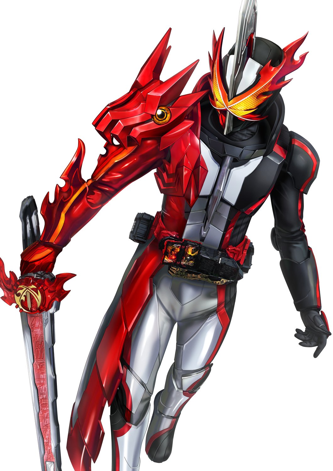 1boy armor asymmetrical_armor asymmetrical_gloves black_armor bodysuit book brave_dragon rider_belt gloves glowing glowing_eyes grey_background highres kaenken_rekka kamen_rider kamen_rider_saber kamen_rider_saber_(series) male_focus masukudo_(hamamoto_hikaru) mismatched_gloves multicolored_clothes red_armor rider_belt sheath tokusatsu two-tone_background upper_body visor_(armor) white_background wonder_ride_book yellow_eyes yellow_gloves