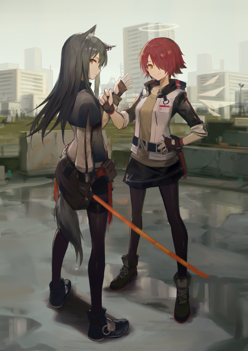 2girls animal_ear_fluff animal_ears arknights black_capelet black_hair black_pantyhose brown_eyes capelet chinese_commentary commentary_request energy_wings exusiai_(arknights) fingerless_gloves gloves hair_over_one_eye halo hand_on_own_hip highres holding holding_sword holding_weapon huanxiang_heitu id_card jacket long_hair long_sleeves looking_at_viewer looking_back multiple_girls open_clothes open_jacket pantyhose raglan_sleeves red_hair short_hair smile standing sword tail texas_(arknights) weapon white_jacket wolf_ears wolf_tail
