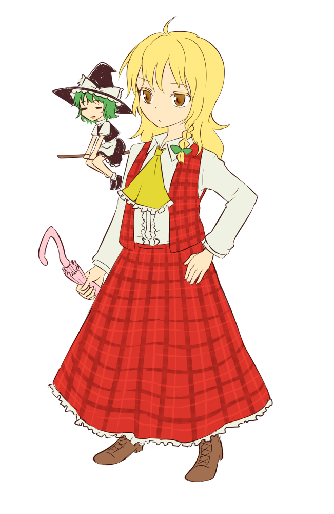 2girls ascot blonde_hair braid broom broom_riding closed_eyes closed_umbrella cosplay costume_switch dress green_hair hat kazami_yuuka kazami_yuuka_(cosplay) kirisame_marisa kirisame_marisa_(cosplay) miyo_(ranthath) multiple_girls plaid_clothes plaid_skirt plaid_vest short_hair single_braid skirt touhou umbrella vest witch_hat yellow_eyes