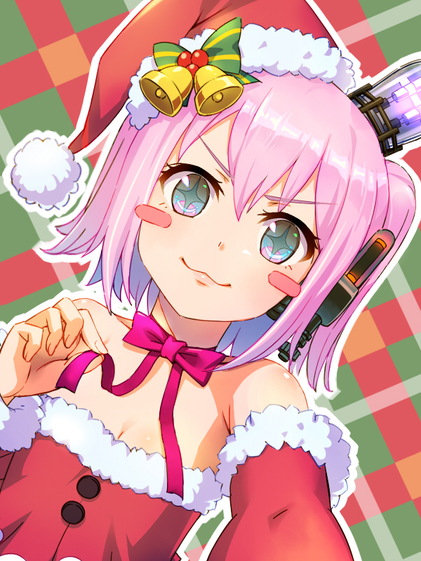 1girl :3 bell blue_eyes blush blush_stickers bow female_focus fermi_(shinkukan_dolls) hat headset looking_at_viewer nanasi_(xx_heath) pink_hair santa_costume santa_hat shinkukan_dolls solo strapless twintails vacuum_tube virtual_youtuber