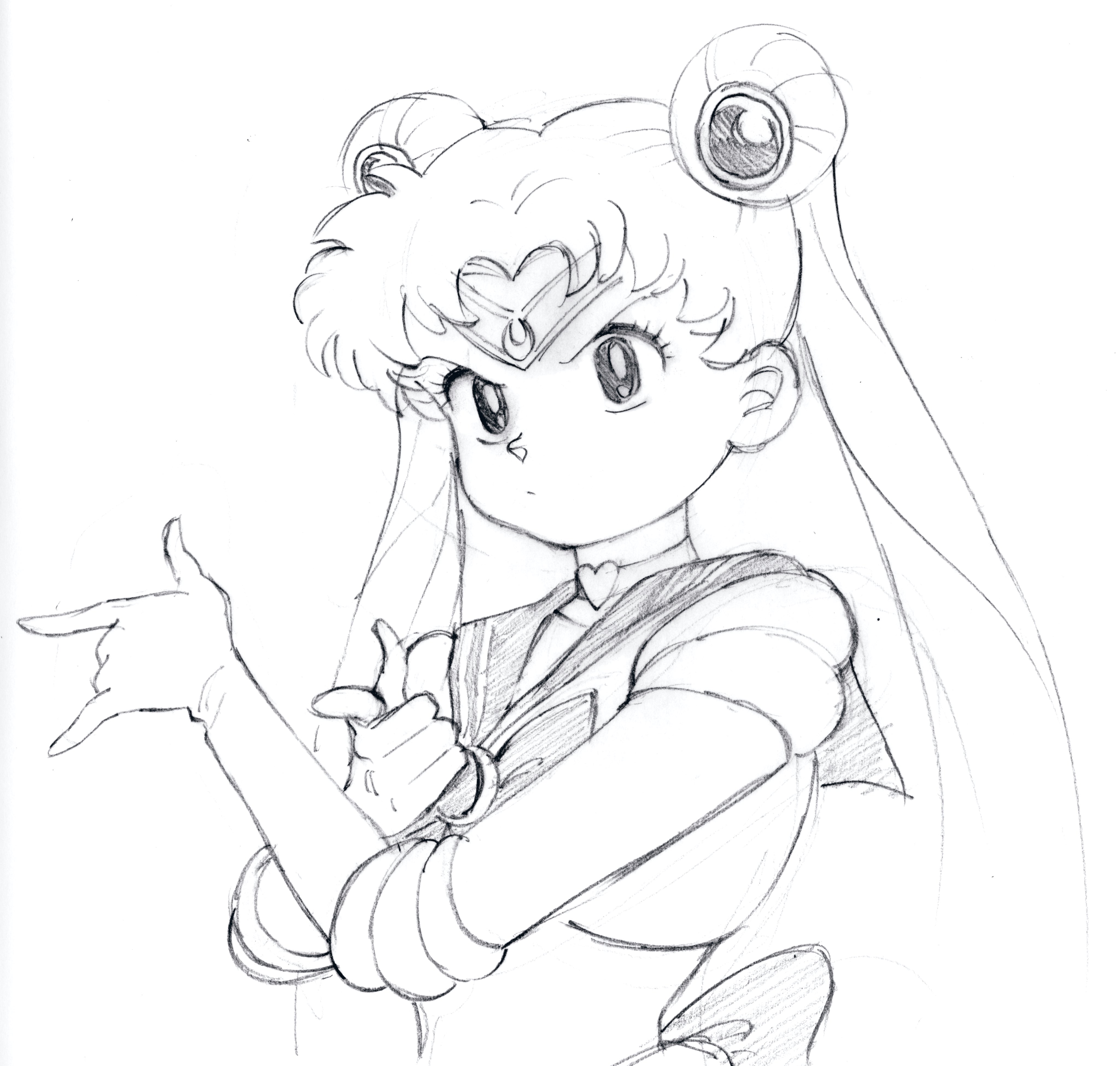1girl absurdres bishoujo_senshi_sailor_moon choker chronocrump closed_mouth gloves graphite_(medium) greyscale heart heart_choker highres magical_girl monochrome redrawn retro_artstyle sailor_moon sailor_moon_pose sailor_senshi_uniform solo takahashi_rumiko_(style) traditional_media tsuki_ni_kawatte_oshioki_yo upper_body