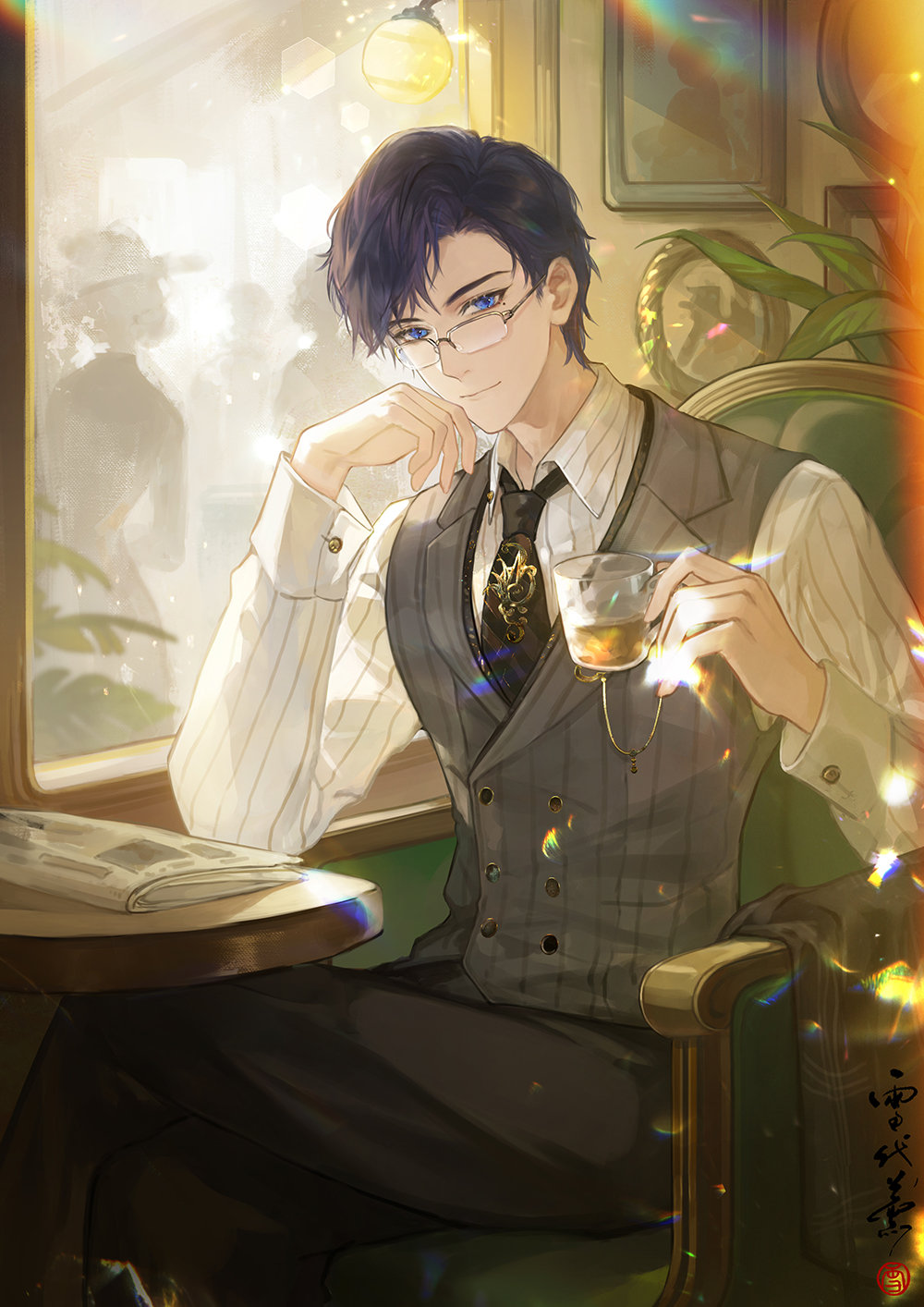 1boy armchair black_necktie black_pants blue_eyes blue_hair buttons chair clarence_clayden closed_mouth collared_shirt crossed_legs cup curtained_hair dispersion_(optics) double-breasted feet_out_of_frame glass_teacup glasses grey_vest head_rest highres holding holding_cup indoors jacket long_sleeves looking_at_viewer lovebrush_chronicles male_focus mole mole_under_eye necktie newspaper pants people photo_(object) pinstripe_pattern pinstripe_shirt pinstripe_vest plant shirt short_hair sitting smile solo swept_bangs table tea teacup unworn_jacket vest white_shirt window xuedaixun