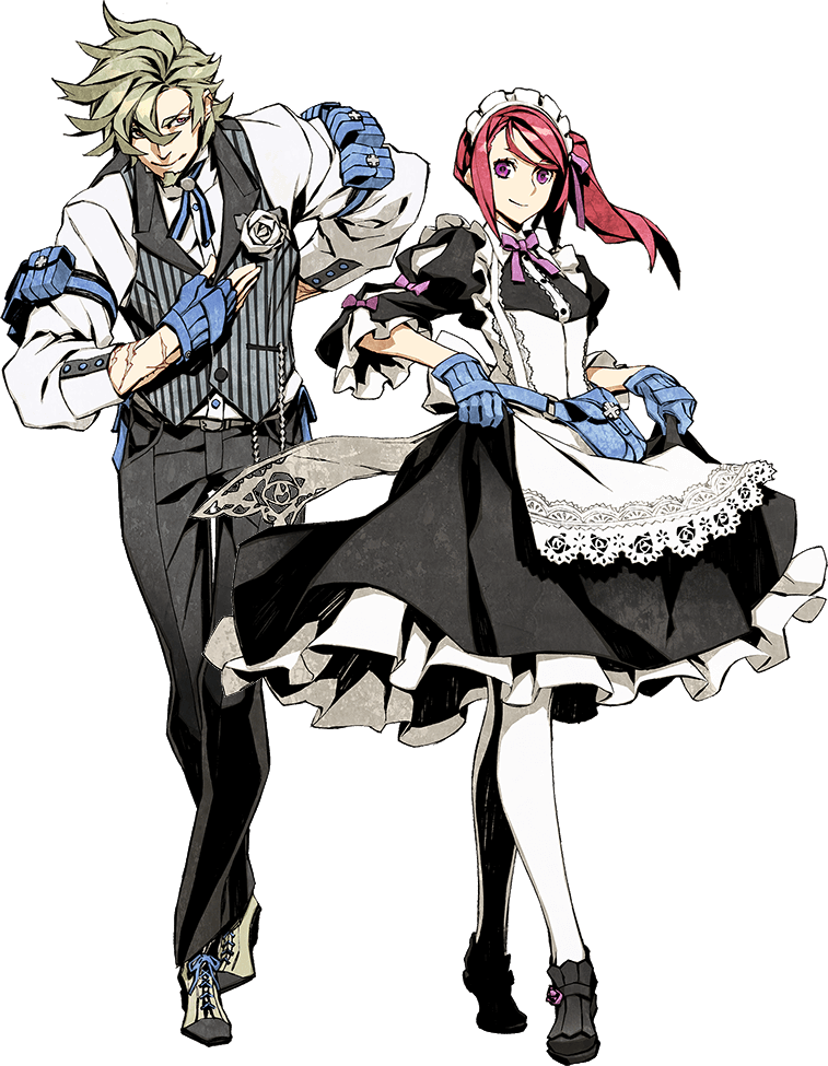 1boy 1girl 7th_dragon_(series) 7th_dragon_iii brown_hair butler crossed_legs dress facial_hair fingerless_gloves full_body gloves goatee god-hand_(7th_dragon) crossed_legs maid miwa_shirow official_art red_hair scar side_ponytail transparent_background vest watson_cross