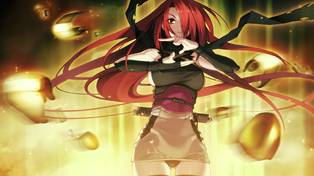 1girl bare_shoulders black_panties breasts covered_erect_nipples female_focus fighting_stance fingerless_gloves floating_hair fuuma_kotarou game_cg gloves hair_over_one_eye large_breasts legs long_hair looking_at_viewer magic motion_blur namaniku_atk nitroplus panties raised_eyebrows red_eyes red_hair sash scarf simple_background skirt smile solo soukou_akki_muramasa standing thighs underwear