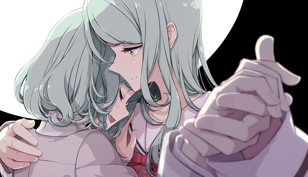 2girls aqua_hair bang_dream! brown_shirt closed_eyes dancing green_eyes grey_shirt hand_on_another&#039;s_shoulder hikawa_hina hikawa_sayo holding_hands incest leaning_on_person long_hair looking_at_another medium_hair multiple_girls neck_ribbon red_ribbon ribbon sailor_collar sakuraba_yuuki school_uniform shirt siblings sisters smile twincest twins white_sailor_collar yuri