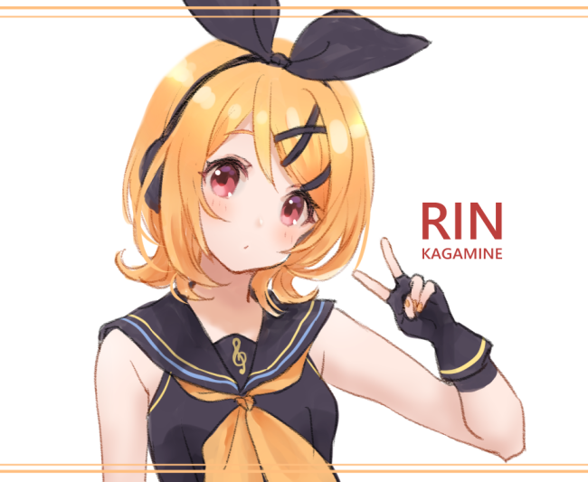 1girl black_dress black_gloves black_ribbon black_sailor_collar blonde_hair breasts character_name dress female_focus fingerless_gloves gloves hair_ornament hair_ribbon hairclip hand_up kagamine_rin nail_polish neckerchief nuno_(pppompon) orange_nails orange_neckerchief red_eyes ribbon sailor_collar sailor_dress sleeveless sleeveless_dress small_breasts solo sour_model_(mikumikudance) swept_bangs treble_clef v vocaloid white_background x_hair_ornament