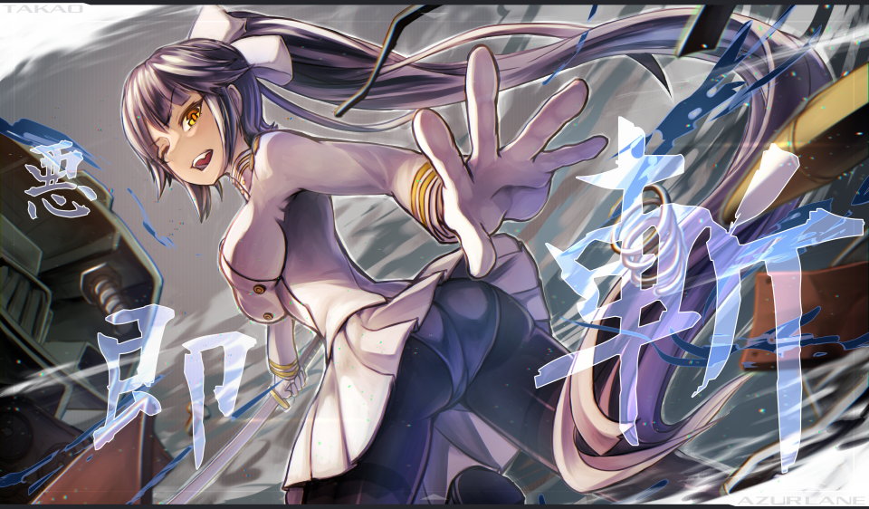1girl ;d azur_lane black_hair black_pantyhose bow breasts brown_eyes cowboy_shot female_focus foreshortening gloves hair_bow holding holding_sword holding_weapon iroia katana large_breasts long_hair long_sleeves looking_at_viewer military military_uniform miniskirt one_eye_closed open_mouth pantyhose pleated_skirt ponytail skirt smile solo sword takao_(azur_lane) very_long_hair weapon white_gloves white_skirt