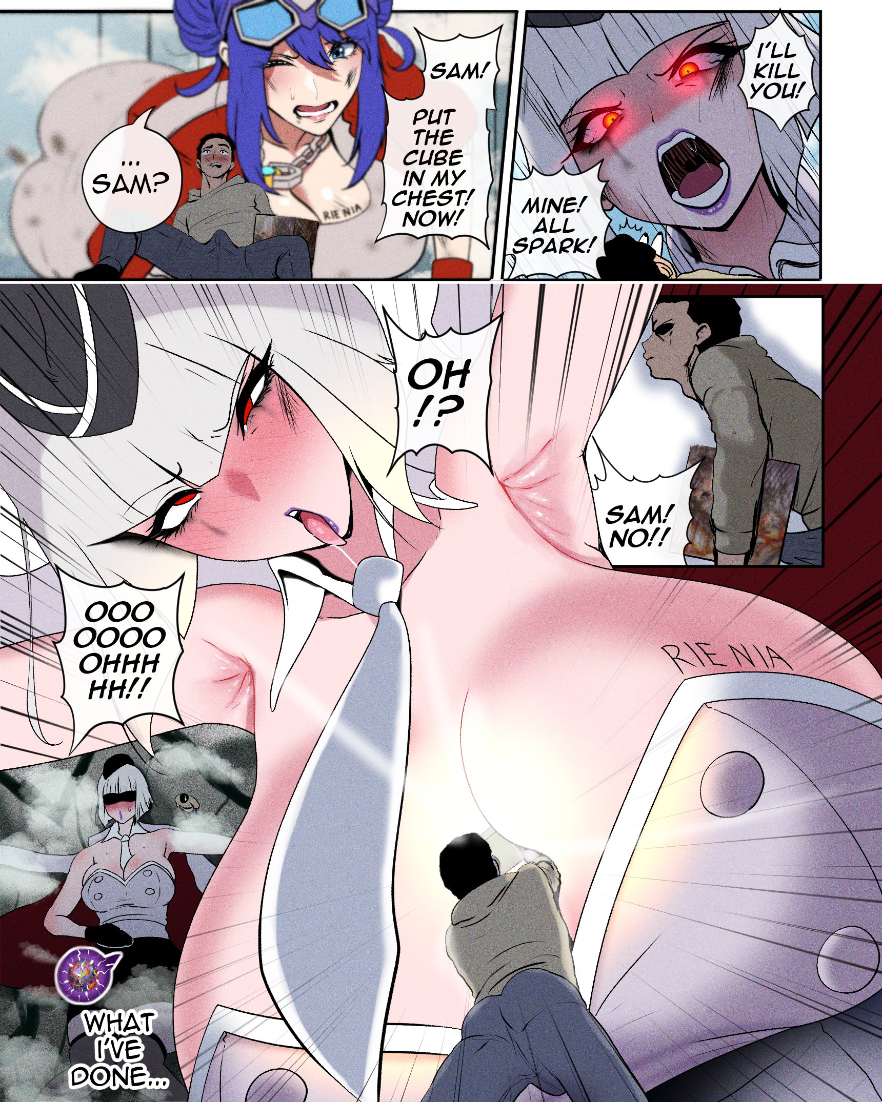 1boy 2girls ahegao allspark armpits ass blue_eyes blue_hair blunt_bangs blush breasts bulge cleavage commentary detached_collar dirty dirty_face english_commentary erection erection_under_clothes giant giantess goggles goggles_on_head hat highres holding hood hoodie huge_breasts impregnation kmvt kotobukiya_bishoujo megatron megatron_(kotobukiya_bishoujo) mini_hat miniskirt multiple_girls neckerchief optimus_prime optimus_prime_(kotobukiya_bishoujo) parody red_eyes sam_witwicky shaded_face signature skirt smoke strapless transformers transformers_(2007_film) transformers_(live_action) tube_top white_hair white_neckerchief