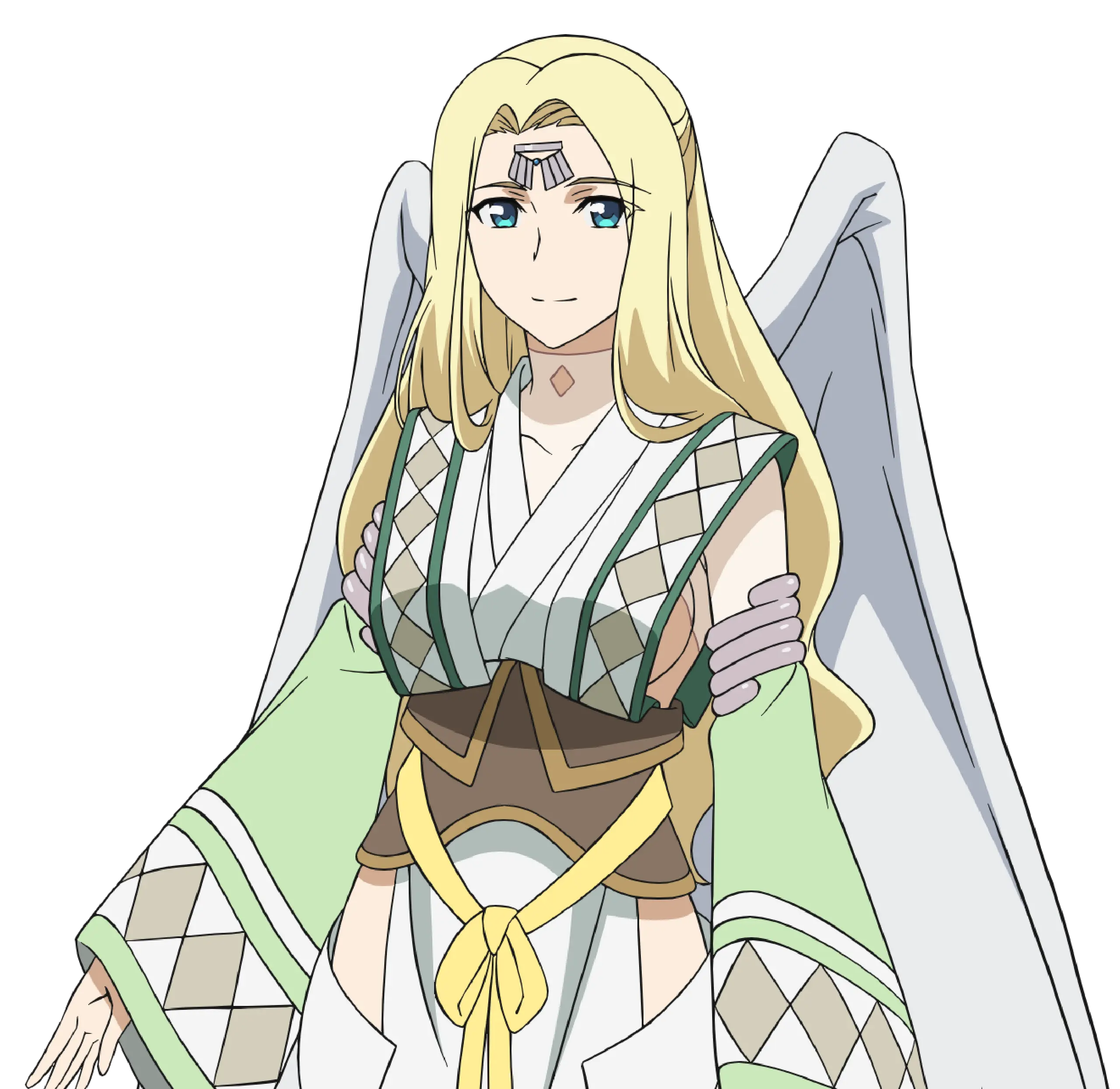 1girl absurdres ainu_clothes angel_wings aquaplus blonde_hair blue_eyes breasts cleavage closed_mouth collarbone cowboy_shot dress hair_over_shoulder highres hip_vent large_breasts oversized_wings long_hair long_sleeves looking_at_viewer nakata_masahiko official_art sideboob sidelocks smile solo thighs transparent_background ulthury utawarerumono utawarerumono:_futari_no_hakuoro very_long_hair wavy_hair white_fox_(company) wide_sleeves wings