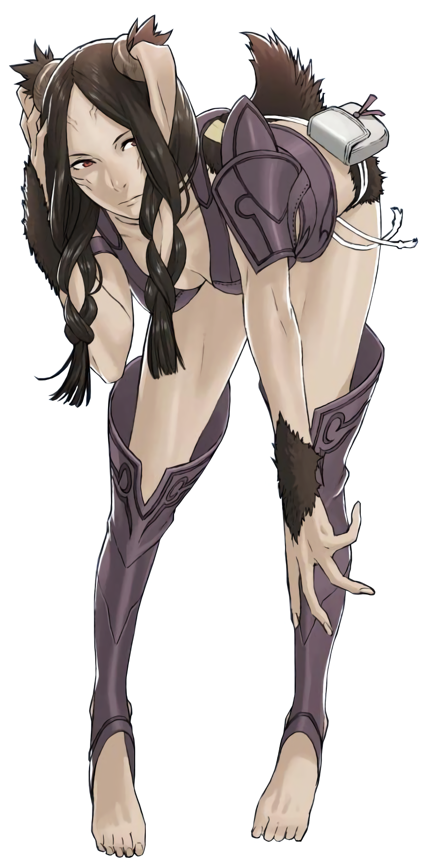 1girl animal_ears armor barefoot bent_over boots braid breasts brown_hair rabbit_ears rabbit_tail cleavage collarbone facial_mark feet fire_emblem fire_emblem_awakening full_body fur hand_on_own_head highres knee_boots long_hair medium_breasts nintendo panne_(fire_emblem) pouch rabbit_girl red_eyes standing string_belt taguel tail thighs toeless_footwear twin_braids
