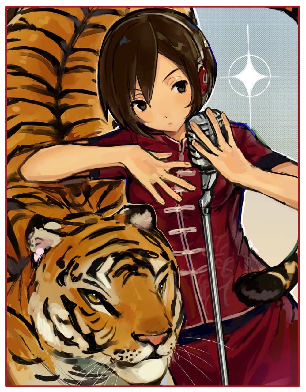 1girl animal blue_background border brown_eyes brown_hair closed_mouth dress expressionless gradient_background halftone halftone_background hand_on_own_chest headphones highres holding holding_microphone looking_to_the_side meiko_(vocaloid) microphone microphone_stand red_border red_dress short_hair sparkle tiger vocaloid white_border yellow_background zalupk228
