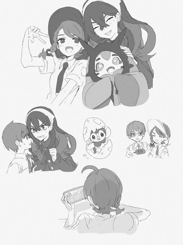 1boy 2girls :d braid carmine_(pokemon) clenched_hands closed_eyes collared_shirt commentary_request crossed_bangs egg florian_(pokemon) gen_4_pokemon greyscale grin hair_between_eyes hand_up hat hatching holding juliana_(pokemon) monochrome multiple_girls mxkjxm_(nhss2337) nintendo ogerpon open_mouth piplup pokemon pokemon_(creature) pokemon_sv school_uniform shirt short_sleeves smile sweatdrop teeth tongue w
