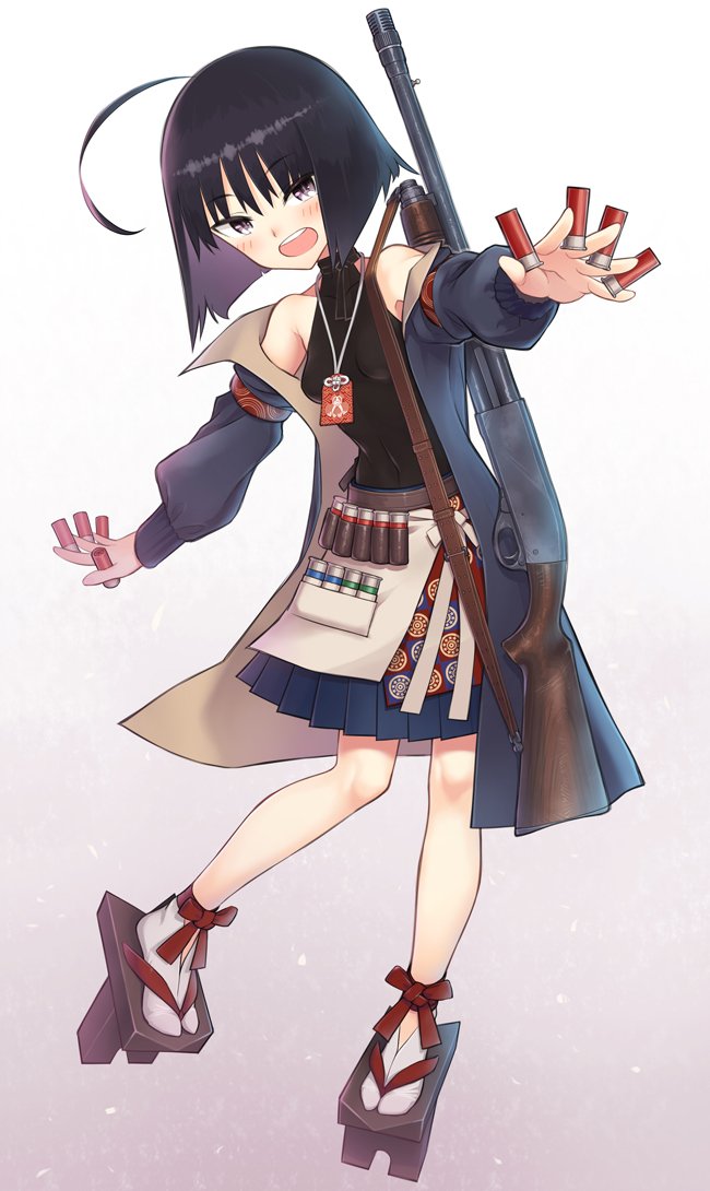 1girl ahoge ammunition_pouch bare_shoulders belt between_fingers black_hair black_shirt blue_coat blue_skirt blunt_ends blush bob_cut breasts brown_belt bullet coat full_body geta gradient_background gun holding holding_bullet jewelry light_particles looking_at_viewer object_in_pocket off_shoulder omamori open_clothes open_coat open_mouth original outstretched_arms pendant pocket pouch pump_action remington_870 samaru_(seiga) shirt shotgun shotgun_shell shoulder_strap skirt sleeveless sleeveless_shirt small_breasts smile socks solo spread_arms standing standing_on_one_leg tabi tengu-geta tsurime weapon weapon_on_back white_background white_eyes white_socks