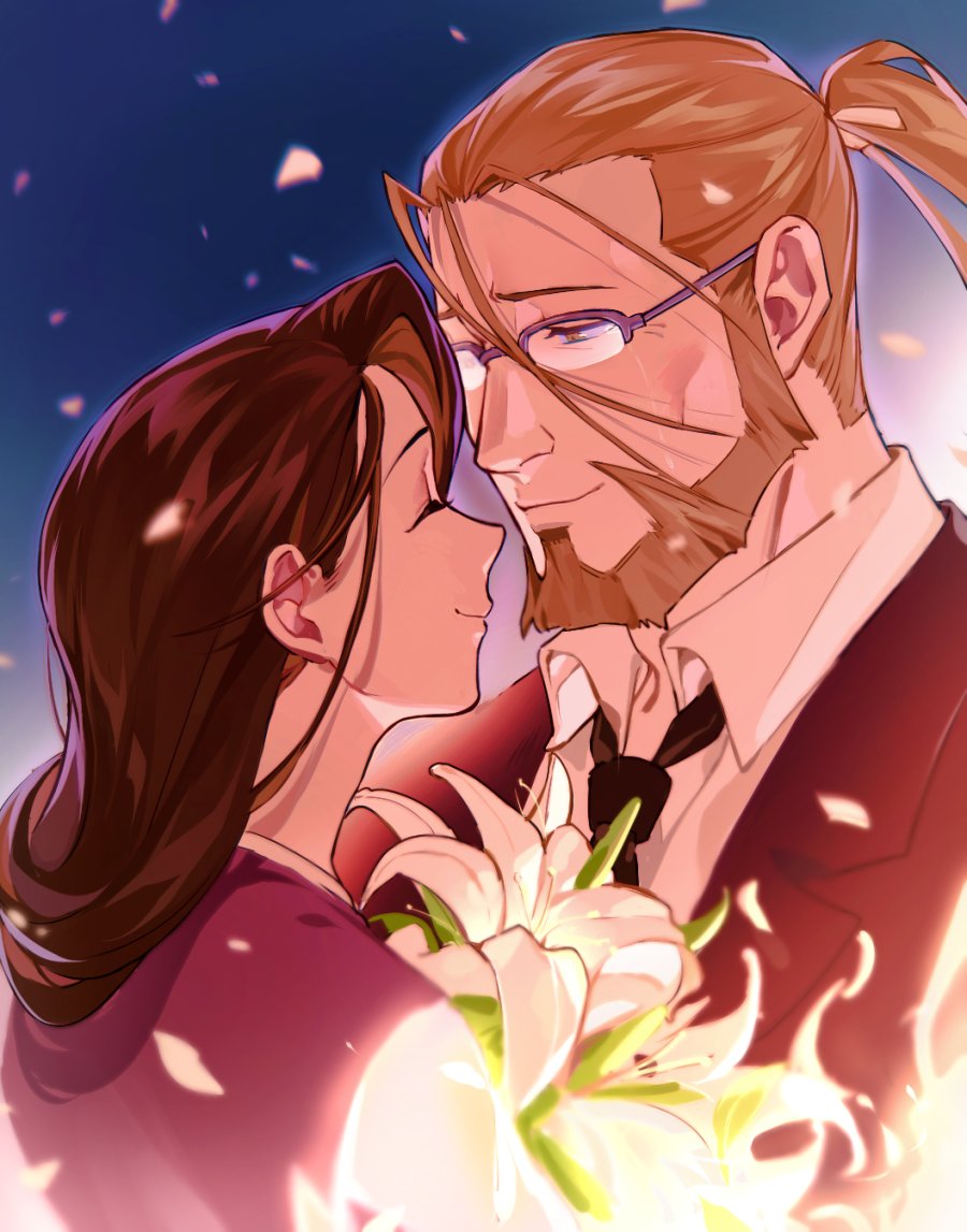 1boy 1girl ^_^ adam&#039;s_apple beard black_necktie black_outline blonde_hair blue_background bouquet brown_coat brown_hair cheekbones chromatic_aberration close-up closed_eyes closed_mouth coat collared_shirt couple crying crying_with_eyes_open dark_background dress_shirt eyelashes face-to-face facial_hair facing_another flower from_side frown fullmetal_alchemist glasses glowing glowing_petals goatee grey-framed_eyewear hair_behind_ear hair_over_shoulder hair_strand half-closed_eyes happy happy_tears height_difference hetero high_ponytail holding holding_bouquet lapels light light_particles lily_(flower) long_hair long_sideburns looking_at_another looking_down necktie outline over-rim_eyewear petals ponytail profile qin_(7833198) semi-rimless_eyewear shirt sideburns simple_background smile swept_bangs tears trisha_elric upper_body van_hohenheim white_flower white_shirt yellow_eyes
