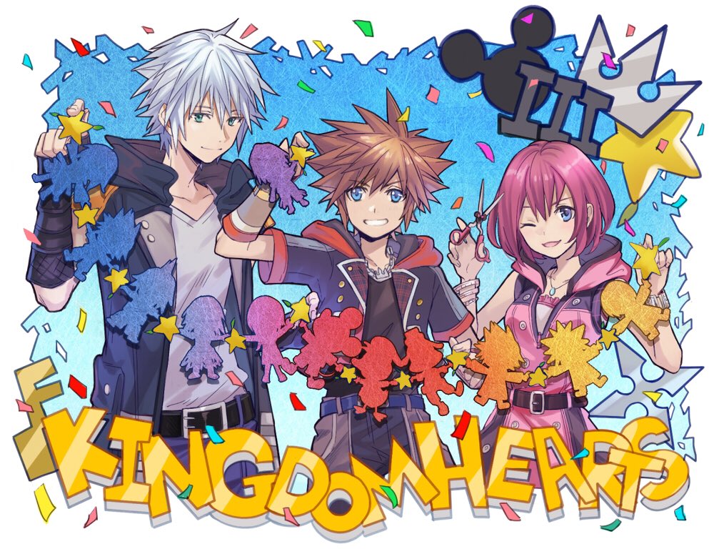1girl 2boys black_shirt blue_eyes bob_cut bracelet breasts brown_hair chain chain_necklace cowboy_shot dress grey_hair grin hair_between_eyes holding holding_scissors hood hood_down hooded_dress hooded_jacket jacket jewelry kairi_(kingdom_hearts) kingdom_hearts kingdom_hearts_iii looking_at_viewer medium_breasts multiple_boys necklace one_eye_closed papercraft parted_lips pink_dress red_hair riku_(kingdom_hearts) scissors shirt short_hair sleeveless sleeveless_dress smile sora_(kingdom_hearts) spiked_hair teeth white_shirt yurichi_(artist)