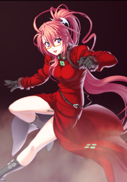 1girl :d black_boots black_gloves blue_eyes boots dress floating_hair front_slit game_cg glasses gloves hair_between_eyes hair_ornament high_ponytail ignis_(jingai_makyou) jingai_makyou leg_up long_hair long_sleeves looking_at_viewer nishii_(damnedrive) official_art open_mouth pink_hair ponytail red_background red_dress semi-rimless_eyewear smile solo under-rim_eyewear very_long_hair yellow-framed_eyewear
