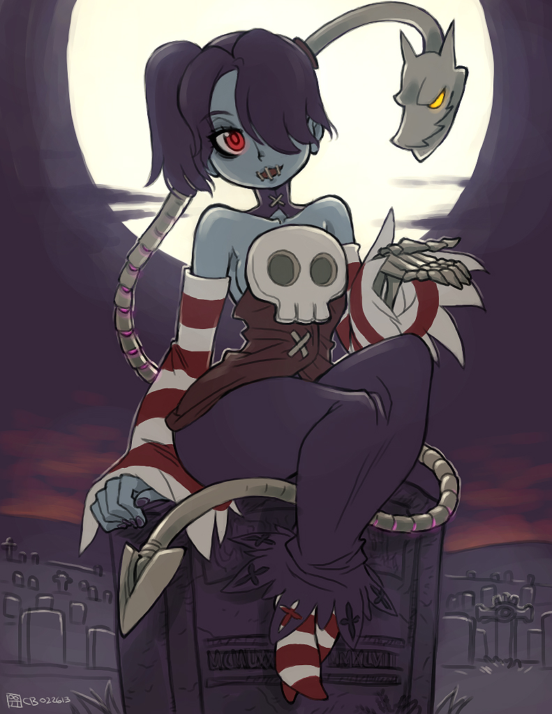 1girl bare_shoulders blue_hair blue_skin breasts colored_skin crybringer detached_sleeves dress grave graveyard hair_over_one_eye leviathan_(skullgirls) monster_girl red_eyes side_ponytail skull skullgirls smile squigly_(skullgirls) stitched_mouth stitches yellow_eyes zombie