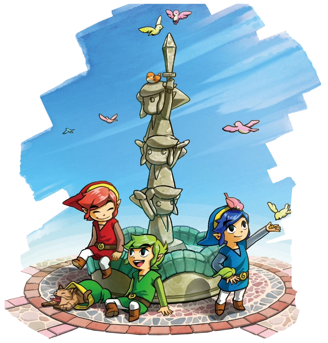 3boys belt bird blue_hair blue_headwear blue_sky blue_tunic boots brown_belt brown_footwear cat closed_eyes green_hair green_headwear green_tunic holding holding_sword holding_weapon link multiple_boys multiple_persona nintendo official_art open_mouth outdoors pointy_ears red_hair red_headwear red_tunic short_hair sky statue stone_floor sword teeth the_legend_of_zelda the_legend_of_zelda:_tri_force_heroes toon_link transparent_background tunic unworn_headwear upper_teeth_only weapon