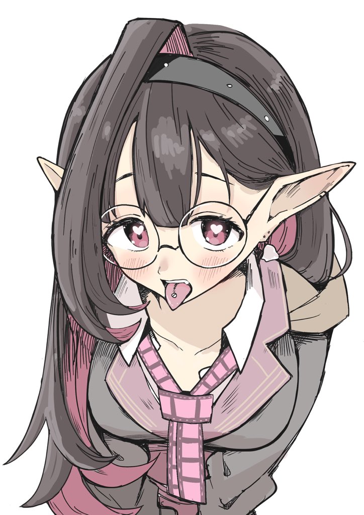 1girl blush breasts brown_hair colored_inner_hair earrings first_stage_production glasses gwvyhfodjflq0ie hair_between_eyes hairband heart heart-shaped_pupils jewelry looking_at_viewer loose_necktie medium_breasts multicolored_hair necktie nema_filluna piercing pink_eyes pink_hair pointy_ears solo symbol-shaped_pupils tongue tongue_out tongue_piercing virtual_youtuber