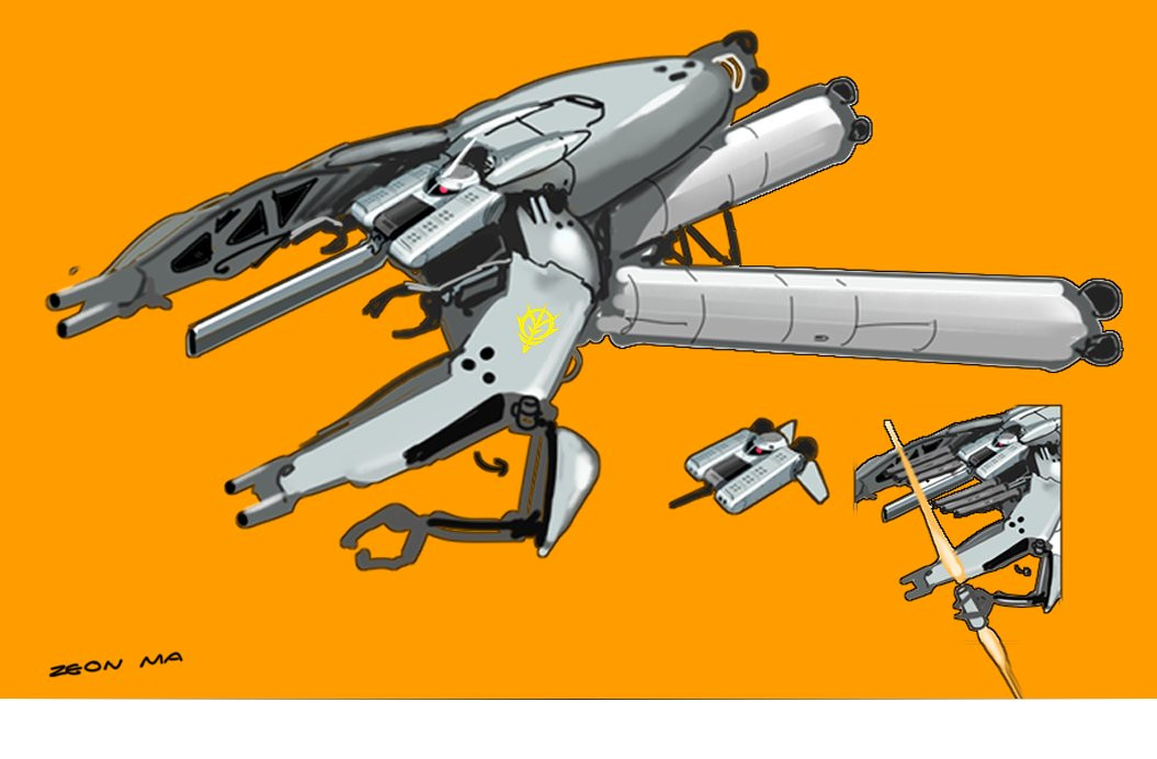 asterozoa beam_cannon energy_sword commentary concept_art dra-c emblem energy_cannon english_commentary gundam gundam_0083 machinery mecha mobile_armor mobile_suit multiple_views no_humans one-eyed original pincers redesign robot roundel sketch space thrusters vernier_thrusters yellow_background zeon