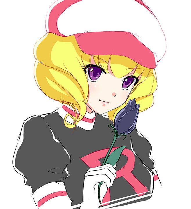 1girl akino_subaru blonde_hair closed_mouth domino_(pokemon) drill_hair flower gloves hat holding holding_flower lips nintendo pokemon pokemon_(anime) pokemon_(classic_anime) purple_eyes short_hair simple_background sketch solo team_rocket team_rocket_uniform tulip upper_body white_background white_gloves