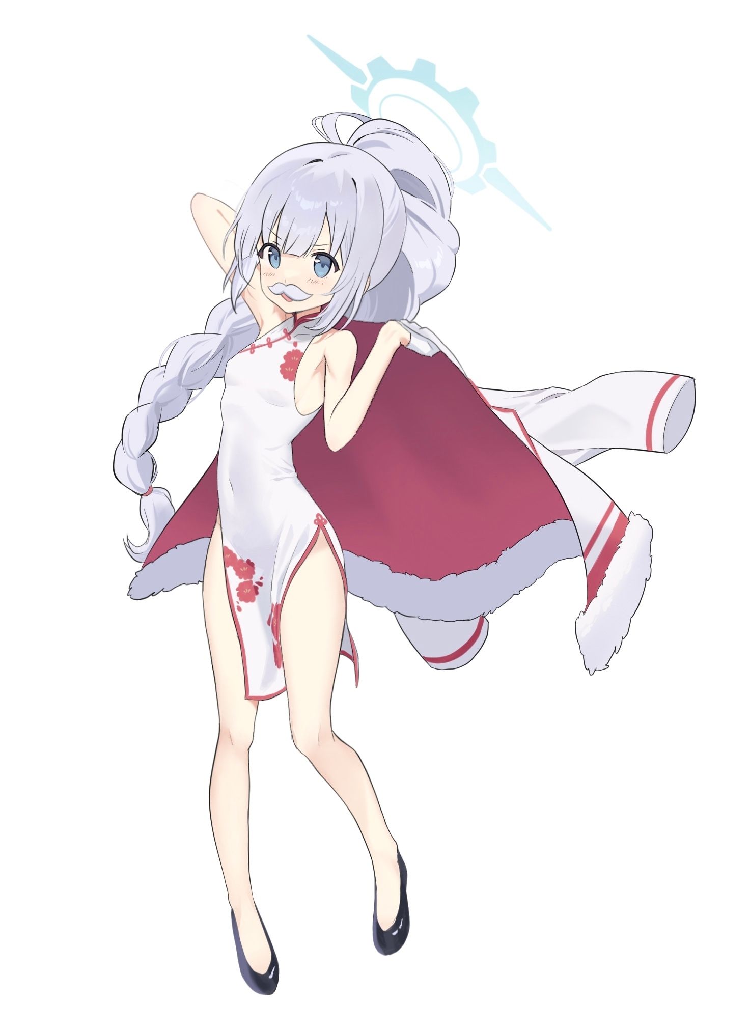 5uj0 arca.live_(website) blue_archive blue_eyes blue_halo braid breasts cherino_(blue_archive) cherino_(qipao)_(blue_archive) china_dress chinese_clothes dress full_body grey_hair halo high_heels highres jacket second-party_source simple_background single_braid small_breasts white_background white_jacket