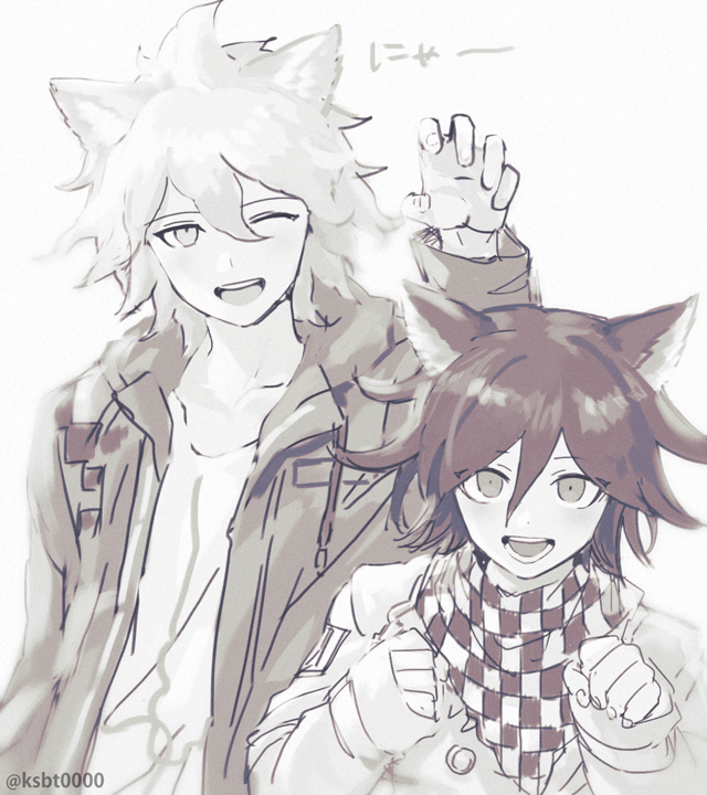 2boys :d animal_ears cat_ears checkered_clothes checkered_scarf danganronpa_(series) danganronpa_2:_goodbye_despair danganronpa_v3:_killing_harmony hair_between_eyes hajime_(gitoriokawaii) hands_up hood in-franchise_crossover jacket kemonomimi_mode komaeda_nagito long_sleeves looking_at_viewer male_focus messy_hair monochrome multiple_boys oma_kokichi one_eye_closed open_clothes open_jacket open_mouth paw_pose scarf shirt short_hair smile teeth upper_body
