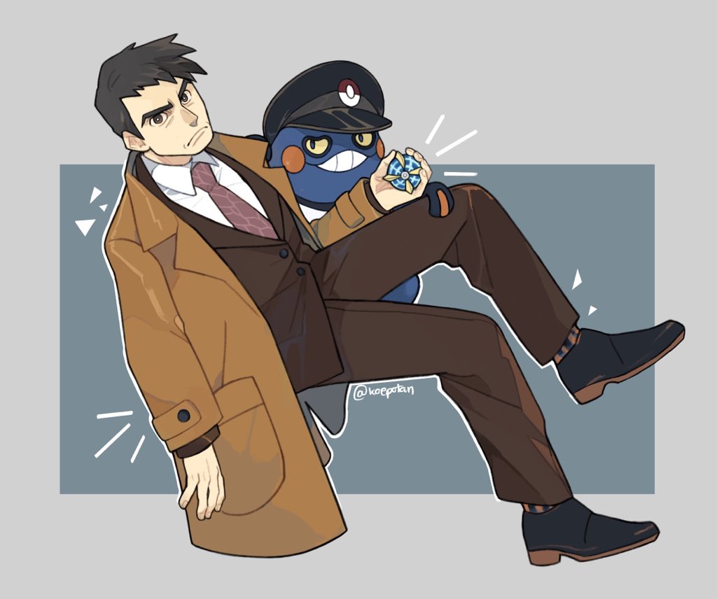 1boy beast_ball black_hair black_shoes clothed_pokemon coat colored_sclera croagunk full_body gen_4_pokemon holding holding_poke_ball koepotan looker_(pokemon) looking_at_viewer male_focus necktie nintendo outline poke_ball pokemon pokemon_(creature) pokemon_dppt pokemon_platinum shoes thick_eyebrows trench_coat white_outline yellow_sclera