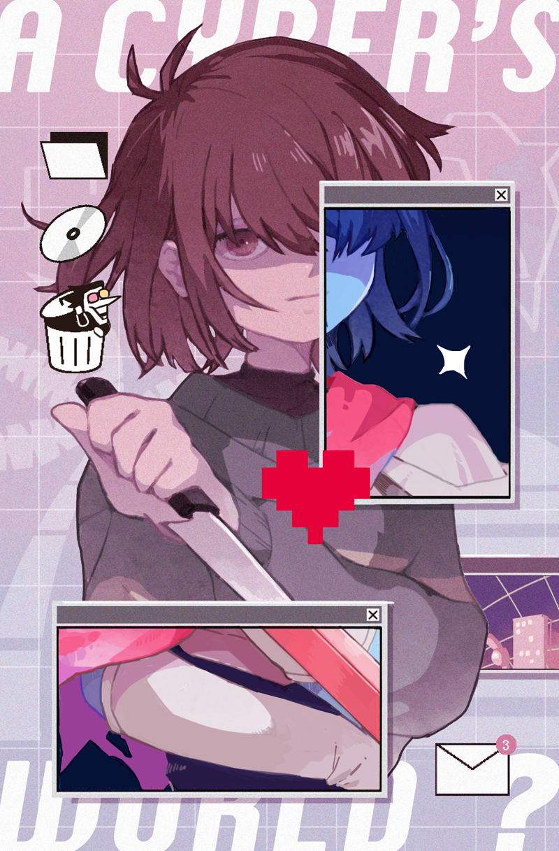 1other :| androgynous antenna_hair blue_skin brown_eyes brown_hair child closed_mouth colored_skin corogarucoromo cropped_torso deltarune dual_persona expressionless film_grain grey_sweater hand_up heart highres holding holding_knife icon_(computing) knife kris_(deltarune) long_sleeves looking_at_viewer one_eye_covered other_focus revealing_layer short_hair solo spamton_g._spamton sweater upper_body window_(computing)
