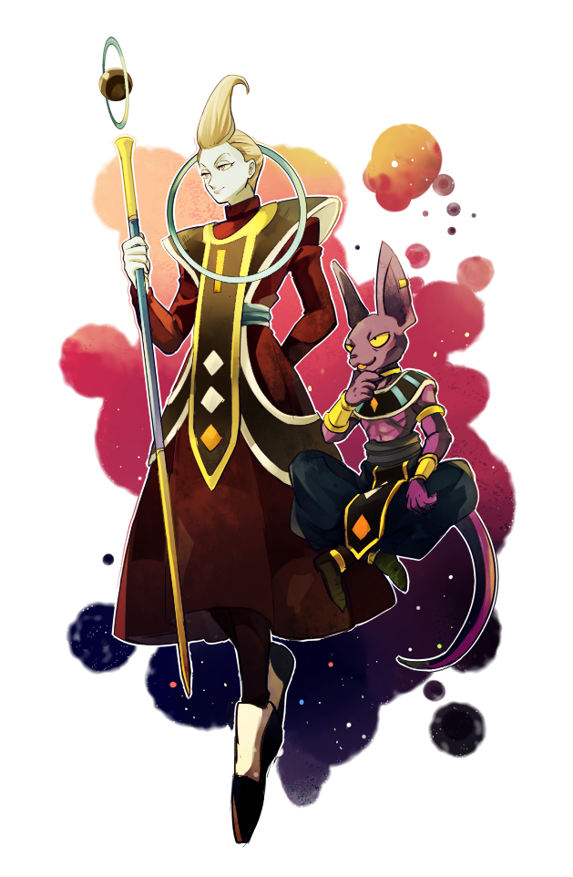 2boys :3 ancient_egyptian_clothes animal_ears beerus blue_skin cat_boy cat_ears colored_skin dragon_ball dragon_ball_z_kami_to_kami dragonball_z earrings full_body gradient_background hakaishin_bills jewelry male_focus multiple_boys neko_ni_chikyuu purple_eyes robe smile staff tail whis white_hair