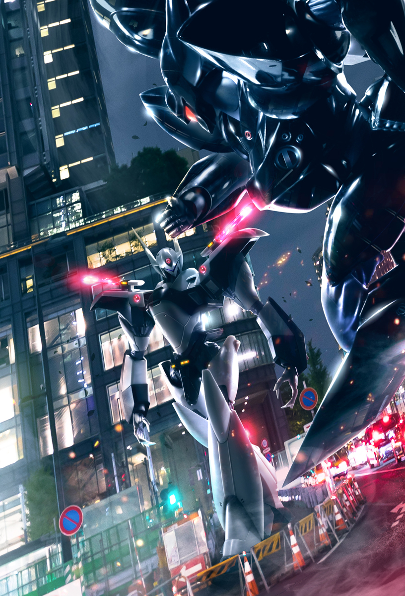 av-xo_type_zero building clenched_hand glowing highres hiropon_(tasogare_no_puu) kidou_keisatsu_patlabor looking_to_the_side mecha no_humans open_hands photo_background police robot science_fiction type_j-9_griffon visor