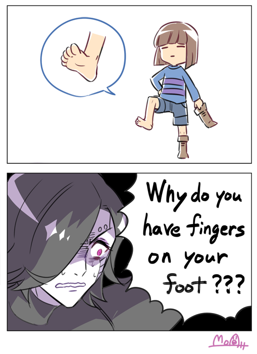 1boy 2koma =_= androgynous android bad_id bad_twitter_id black_hair boots brown_hair closed_eyes colored_skin comic commentary constricted_pupils denim denim_shorts english_text frisk_(undertale) grey_skin hair_over_one_eye hato_moa holding_boots holding_footwear holding_unworn_clothes knee_boots mettaton mettaton_ex purple_eyes shaded_face shirt shoes shorts signature simple_background single_shoe striped_clothes striped_shirt sweat toes undertale unworn_boot unworn_boots wavy_mouth white_background