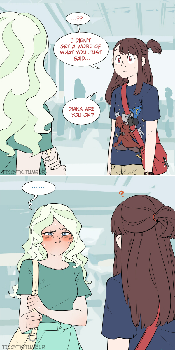 2girls :/ ? alternate_costume blonde_hair blue_eyes blush brown_hair diana_cavendish english_text fantasia_(disney) highres kagari_atsuko little_witch_academia long_hair mickey_mouse multiple_girls ponytail red_eyes short_ponytail speech_bubble sweatdrop ticcy tumblr_username wavy_mouth