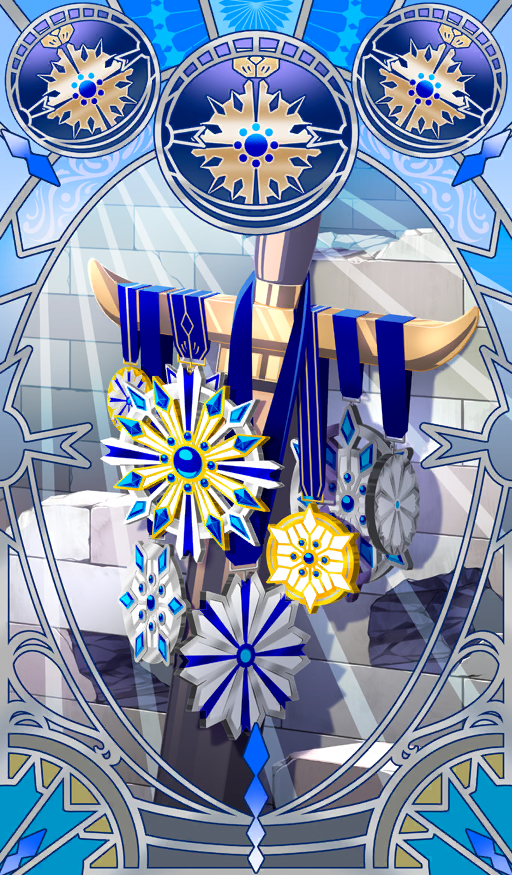 blue_outline blue_ribbon blue_theme brick_wall circle commentary fate/grand_order fate_(series) grey_background light_rays medal medallion no_humans official_art outline ribbon still_life sword third-party_source weapon xxxxay