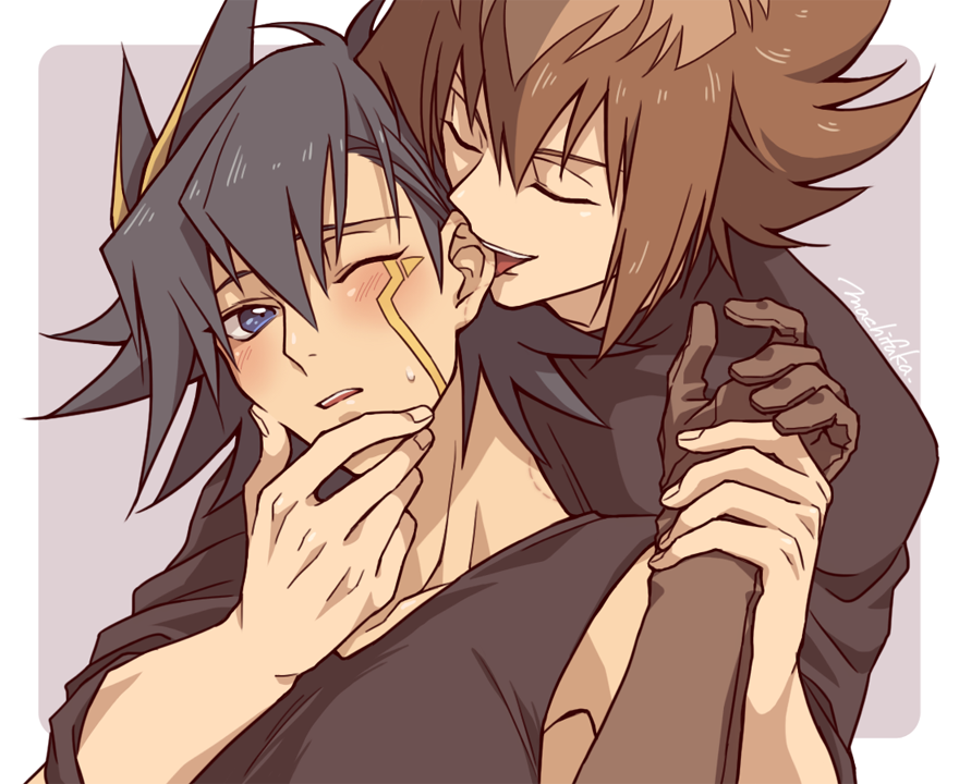 2boys artist_name biting brown_gloves brown_hair deepstrait biting_ear closed_eyes facial_mark fudo_yusei gloves machi_fuka male_focus multiple_boys one_eye_closed pink_background smile yaoi yu-gi-oh! yu-gi-oh!_5d&#039;s yu-gi-oh!_gx yuki_judai