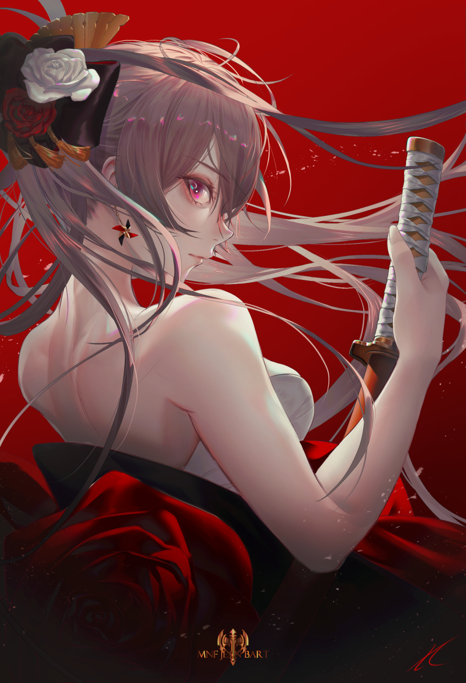 1girl azur_lane backless_kimono bare_back character_name earrings flower from_side grey_hair hair_flower hair_ornament highres holding holding_sword holding_weapon japanese_clothes jean_bart_(azur_lane) jean_bart_(first_snow_upon_the_cutlass&#039;s_edge)_(azur_lane) jewelry katana kimono long_hair looking_at_viewer pink_eyes red_background red_flower red_rose red_sash rose sarashi sash sideways_glance simple_background sleeveless sleeveless_kimono solo sword two-tone_kimono upper_body very_long_hair vichya_dominion_(emblem) weapon white_flower xi-u