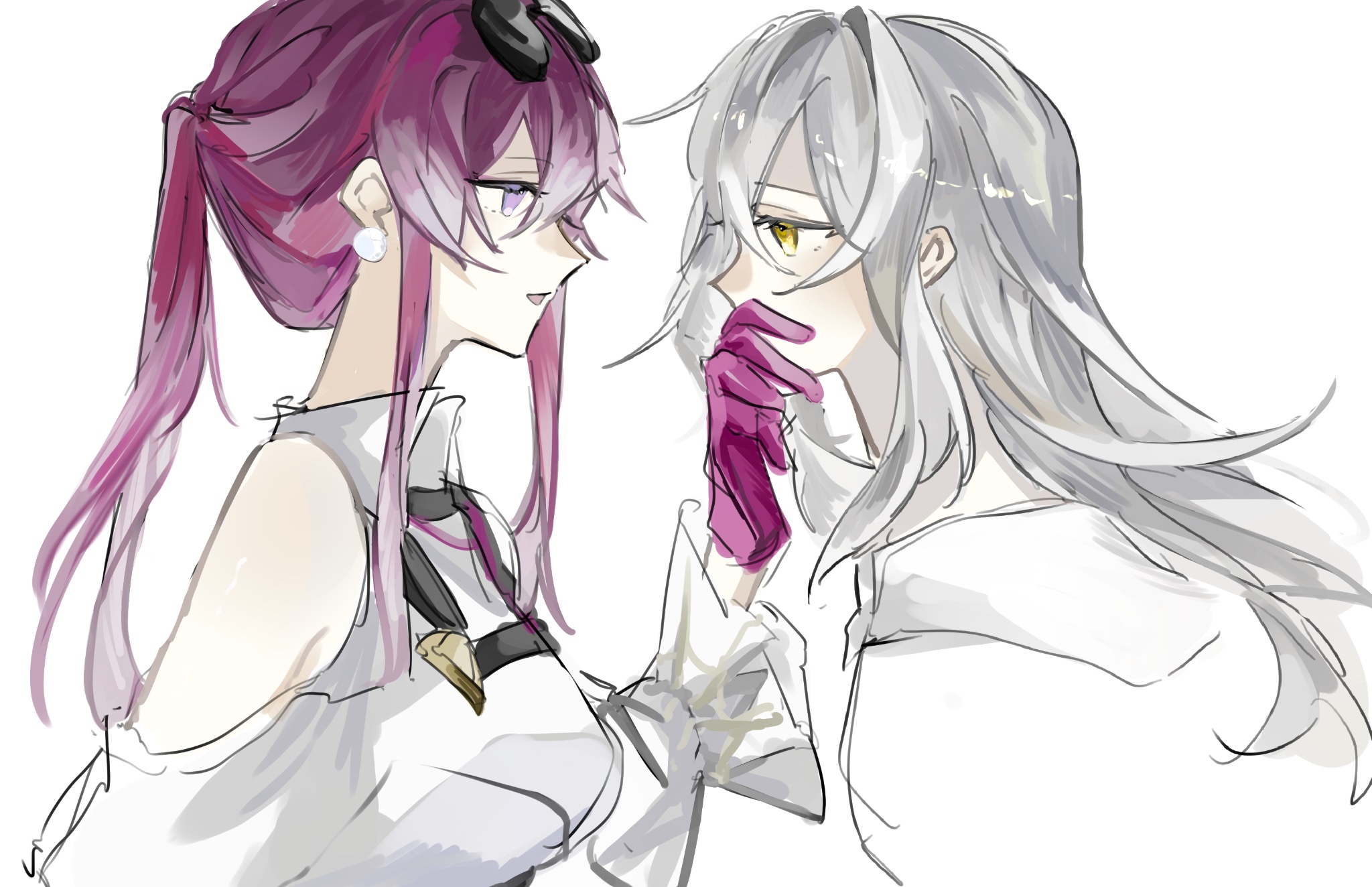 2girls bare_shoulders clothing_cutout covering_another's_mouth earrings eyewear_on_head from_side gloves grey_hair hand_over_another's_mouth highres honkai:_star_rail honkai_(series) jewelry kafka_(honkai:_star_rail) long_hair long_sleeves multiple_girls open_mouth ponytail purple_eyes red_gloves shirt shoulder_cutout stelle_(honkai:_star_rail) sunglasses trailblazer_(honkai:_star_rail) tugu_pi white_background white_shirt yellow_eyes yuri