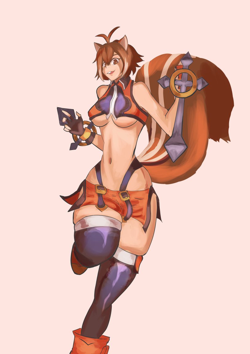 1girl animal_ears bare_shoulders blazblue breasts brown_eyes brown_hair fingerless_gloves gloves makoto_nanaya microskirt shiny_penny short_hair skirt sleeveless squirrel_ears squirrel_tail tail tonfa underboob weapon
