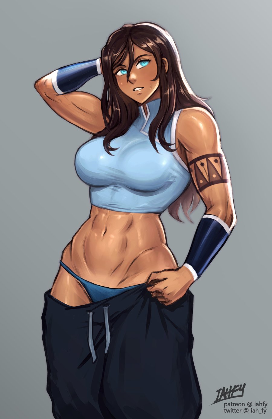 1girl abs arm_tattoo avatar_legends biceps blue_eyes blue_panties bracer breasts brown_hair clothes_pull dark-skinned_female dark_skin grey_background highres iahfy korra muscular muscular_female navel panties pants pants_pull simple_background solo stomach sweat tattoo the_legend_of_korra underwear