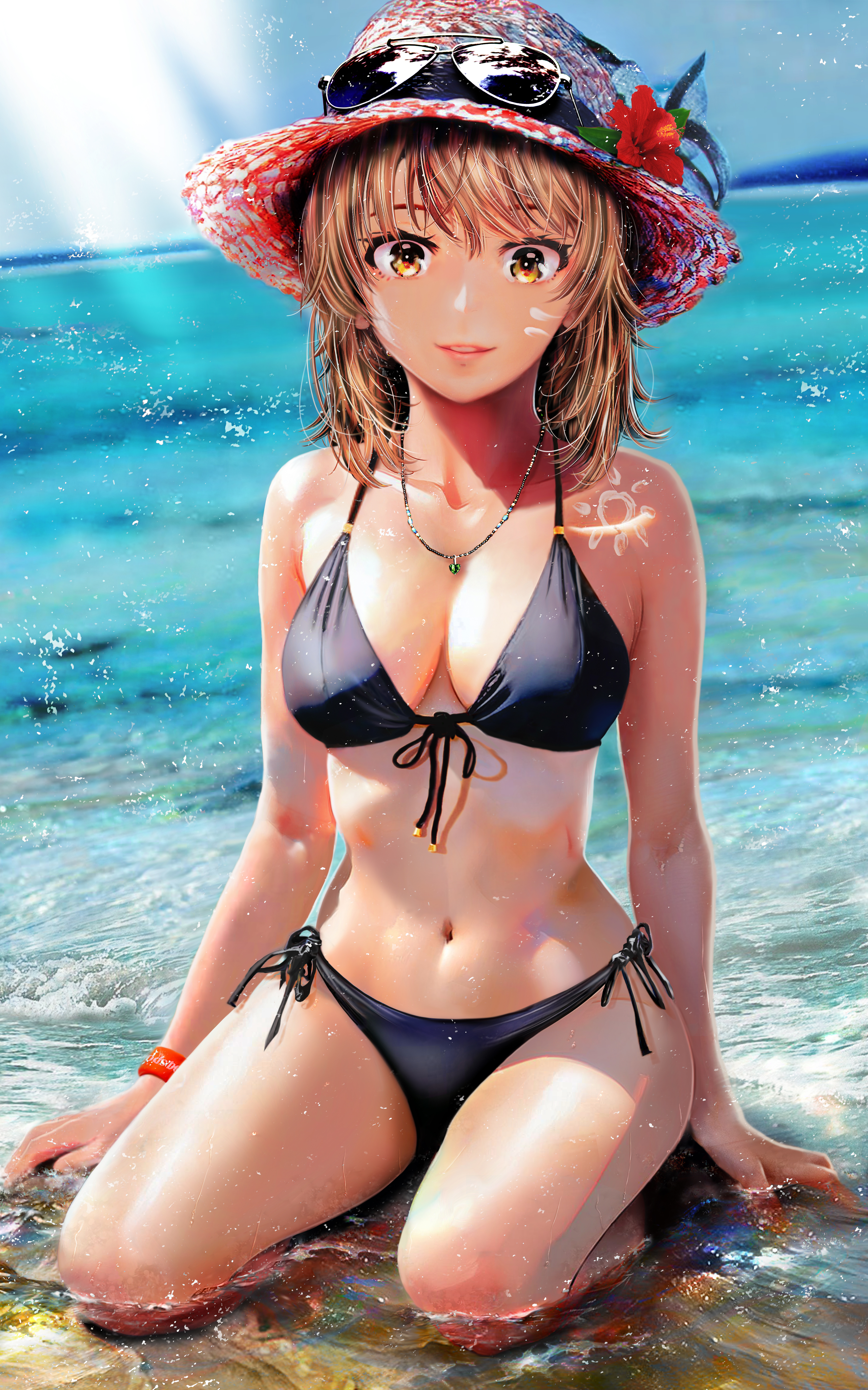 1girl absurdres bikini black_bikini breasts brown_hair cleavage commentary_request eyewear_on_headwear flower front-tie_bikini_top front-tie_top grace16 hat hat_flower highres isshiki_iroha looking_at_viewer medium_hair ocean shallow_water side-tie_bikini_bottom solo sun_hat sunglasses swimsuit thighs variant_set water yahari_ore_no_seishun_lovecome_wa_machigatteiru.